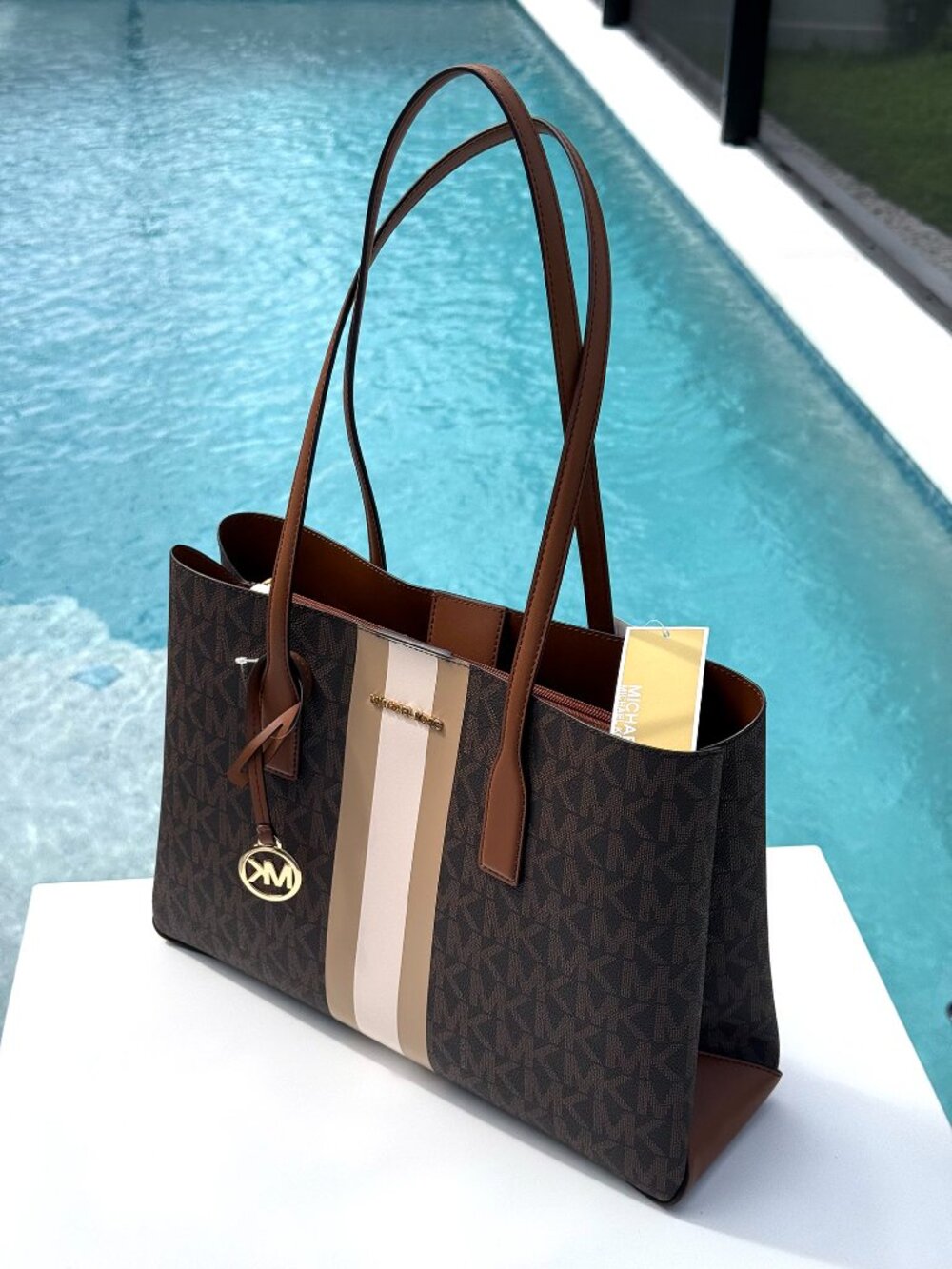 Michael Kors Brown Ruthie Med CZ Signature Tote with Center Stripe NWT Sporty!